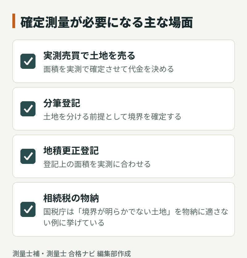 確定測量が必要になる主な場面:実測売買、分筆登記、地積更正登記、相続税の物納
