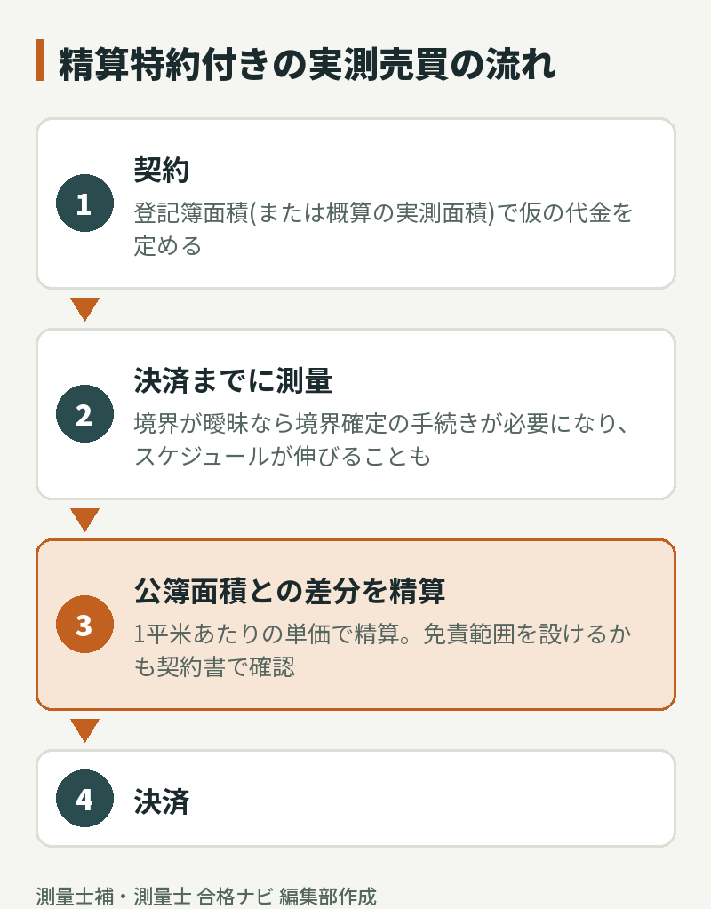 精算特約付きの実測売買の流れ。契約、決済までに測量、公簿面積との差分を精算、決済