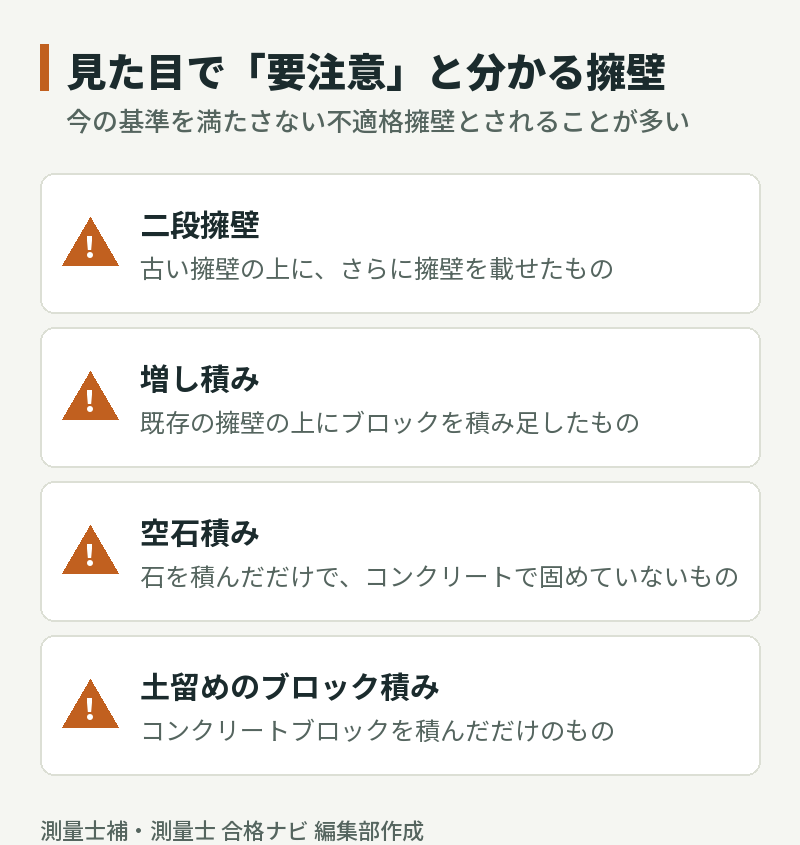 見た目で要注意と分かる擁壁:二段擁壁、増し積み、空石積み、土留めのブロック積み
