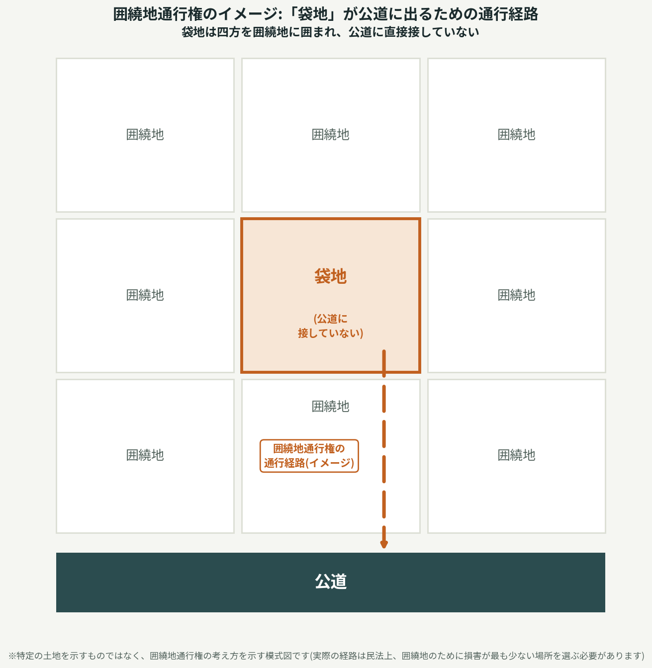 囲繞地通行権のイメージ図。3×3の土地区画で中央の袋地が四方を囲繞地に囲まれ公道に直接接しておらず、真下の囲繞地を縦断して公道へ出る通行経路を示す模式図