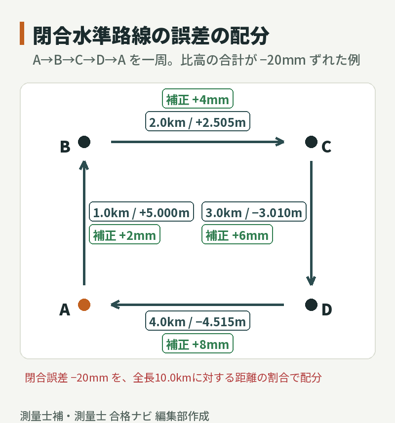 閉合水準路線A→B→C→D→Aで閉合誤差−20mmを距離に比例して配分する図