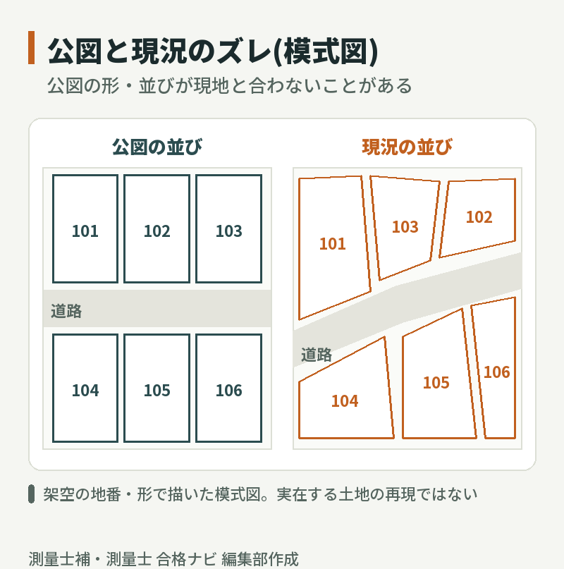 公図と現況のズレの模式図:公図では長方形に整って並ぶ区画が、現況では道路が斜めに曲がり、区画の形や地番の並びが食い違っている(架空の地番)