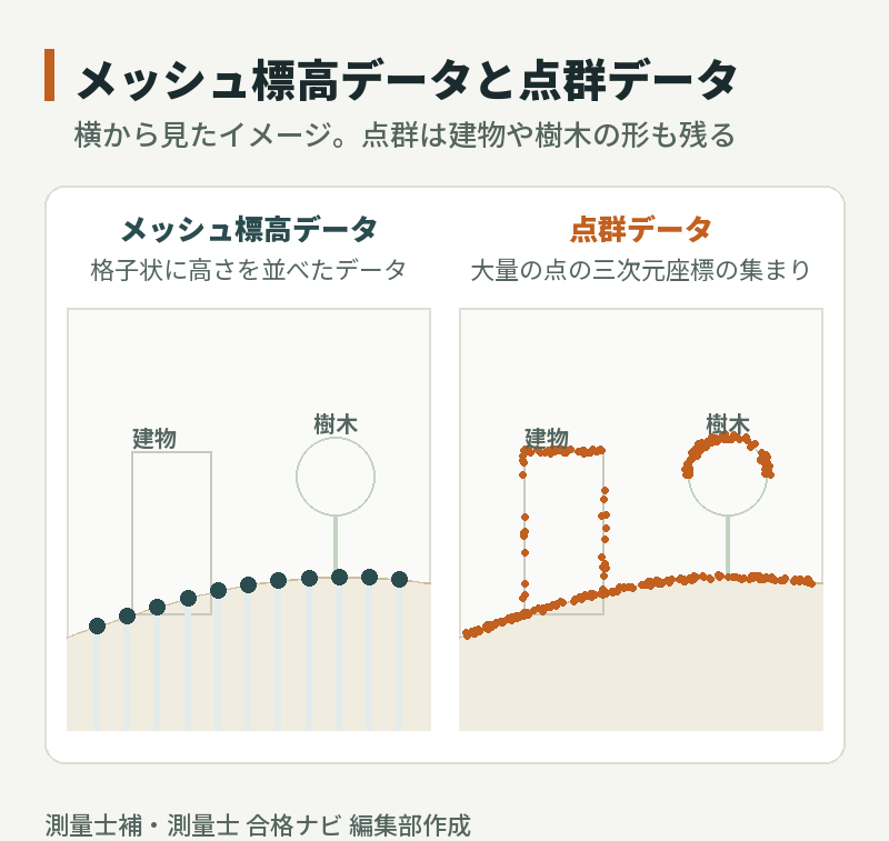メッシュ標高データは地表の高さを一定間隔の格子で持ち、点群データは地表に加えて建物や樹木の表面まで大量の点で形をとらえることを横から見た比較図