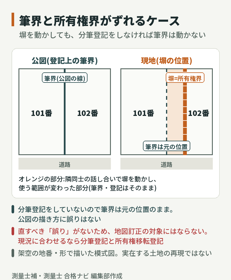 隣接する101番と102番(架空の地番)の模式図。公図上の筆界線は元の位置のまま、現地では塀が動いて所有権界がずれているが、分筆登記をしていないので公図に誤りはなく地図訂正の対象にならない