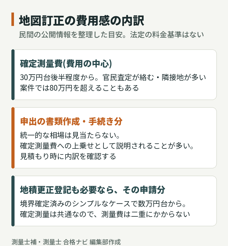 地図訂正の費用感の内訳。確定測量費は30万円台後半程度からで80万円を超えることもあり、申出の書類作成・手続き分は統一相場なし、地積更正登記も必要ならその申請分が数万円台から加わる