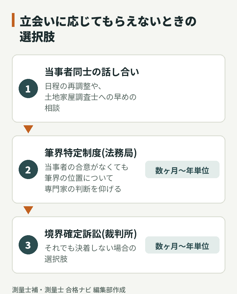 立会いに応じてもらえないときの選択肢。話し合い、筆界特定制度、境界確定訴訟の順