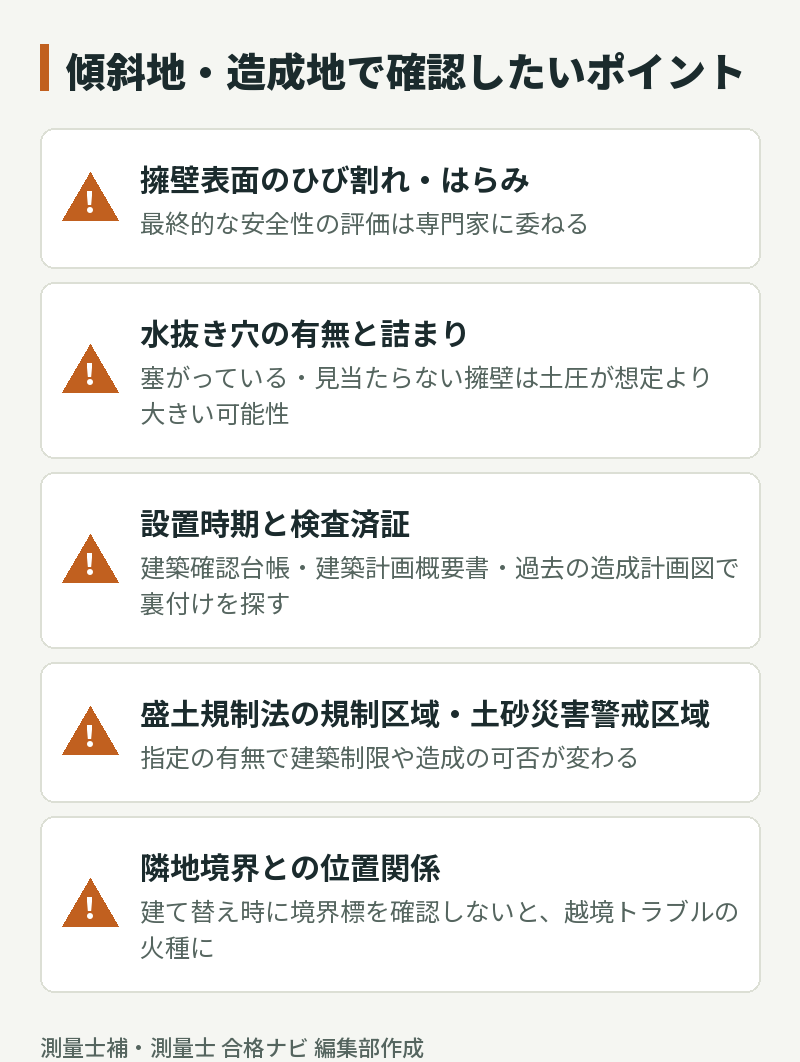 傾斜地・造成地で確認したいポイント。擁壁表面、水抜き穴、設置時期と検査済証、規制区域、隣地境界