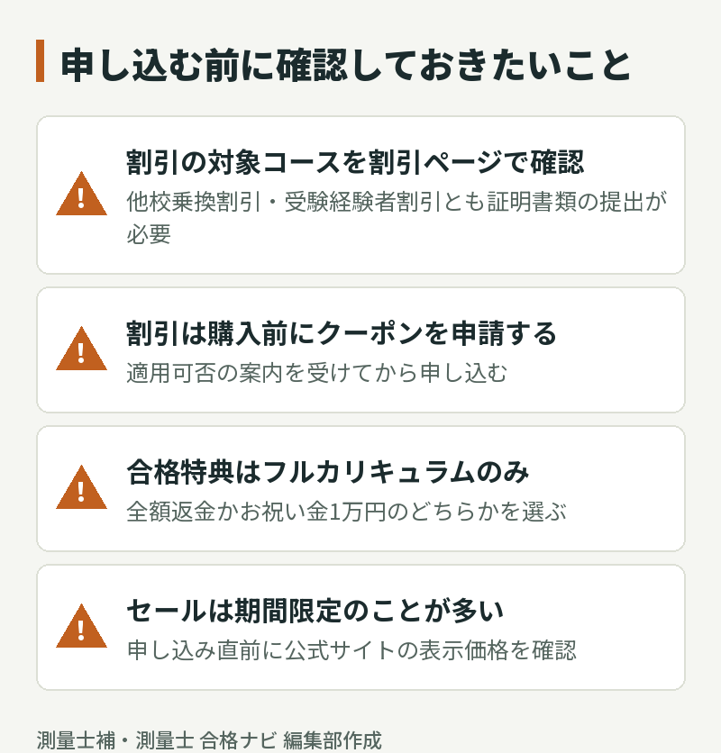 アガルートに申し込む前の確認ポイント:合格特典はフルカリキュラムが対象、割引の対象コースは割引ページで確認、割引は購入前にクーポン申請、セールは期間限定