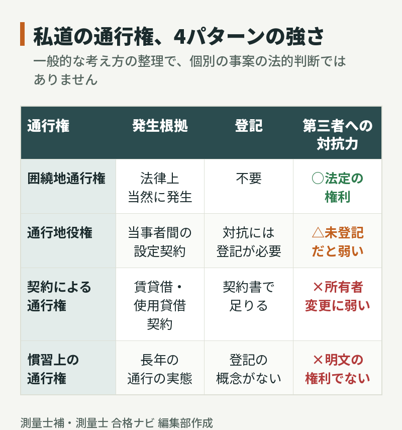 私道の通行権4パターン(囲繞地通行権・通行地役権・契約による通行権・慣習上の通行権)を発生根拠・登記の要否・第三者への対抗力で比較した表