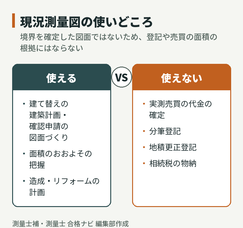 現況測量図の使いどころ:建築計画や面積の把握には使えるが、実測売買・分筆登記・地積更正登記・物納には使えない
