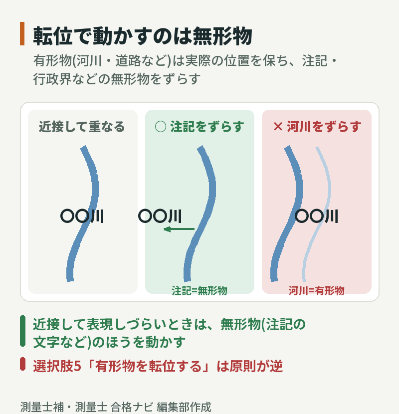 転位の原則の図解:河川と注記が近接して重なるとき、有形物の河川は位置を保ち、無形物の注記をずらす。河川のほうを動かすのは誤り